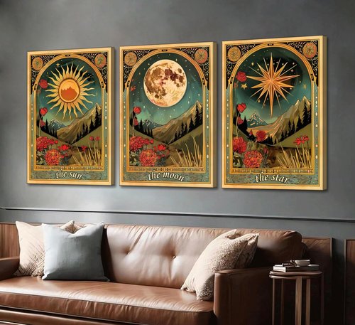 3 Pcs Tarot Canvas Wall Art Sun Moon and Star Mystical Astrology Celestial Paintings Pictures Wall Decor Poster Print Artwork for Bedroom Living Room Dorm Home Decoration