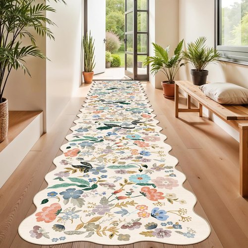 Hallway Floral Runner Rug by [Brand Name] - Washable, Non-Slip, Stain-Resistant Carpet | 2'6" x 14", Cream