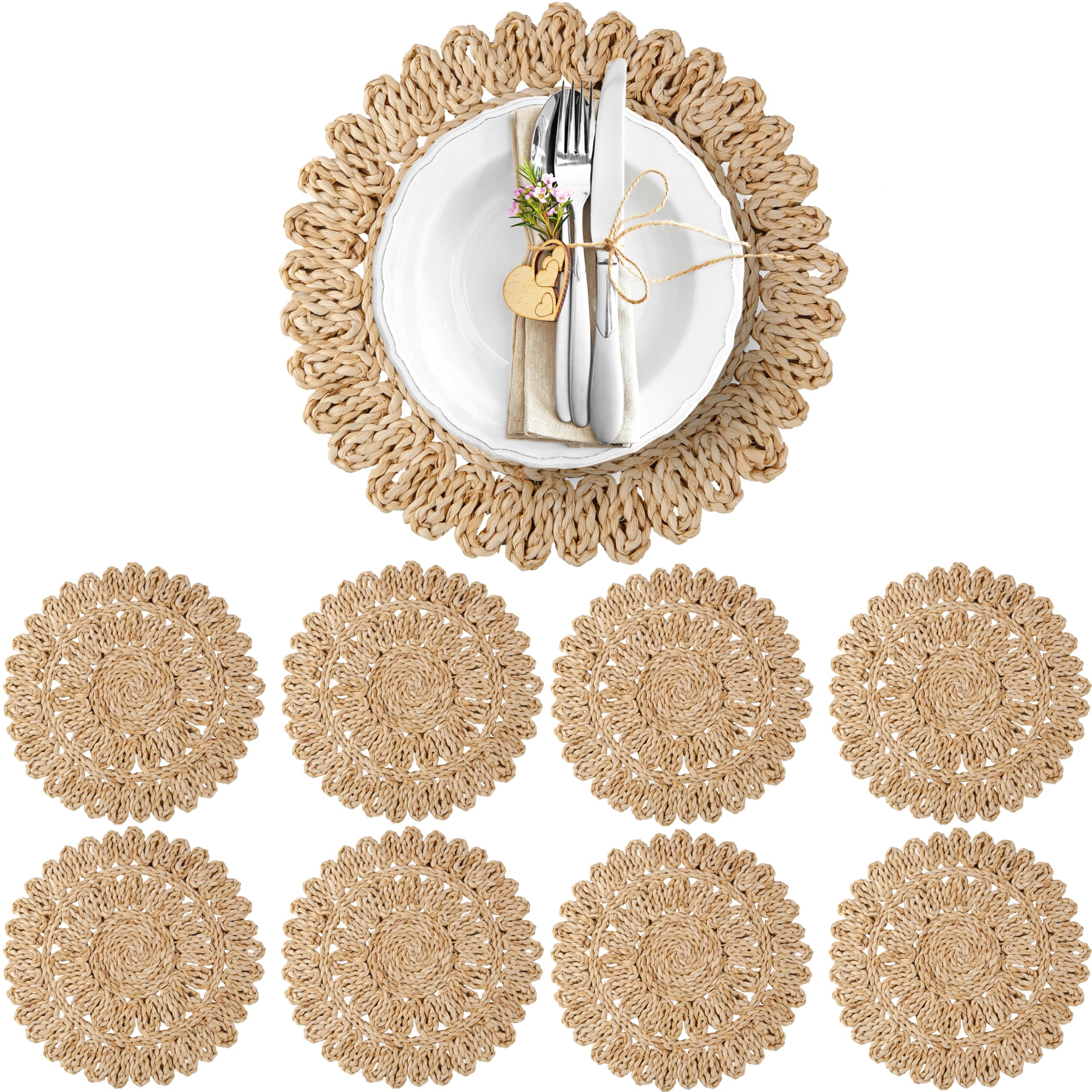 13.8" Corn Husk Woven Round Placemats Set of 8 - Wicker Boho Farmhouse Placemats - Rattan Table Mats Like Water Hyacinth for Dining Table, Wedding, Home