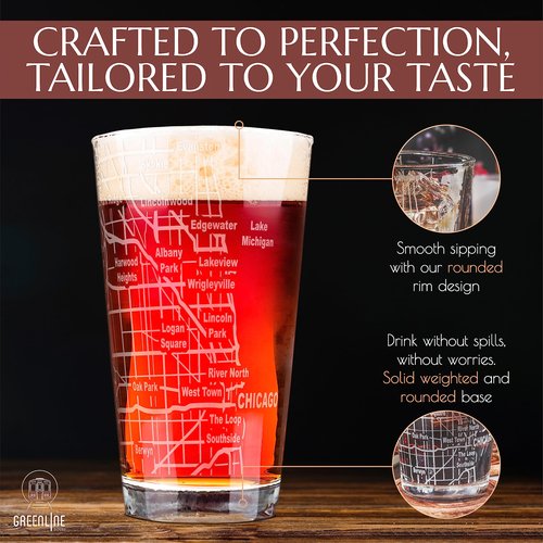 Greenline Goods Beer Glasses - 16 oz Drinkware Set for Chicago lovers - Set of 2 - Etched with Chicago, IL Map | Premium Decorative Glassware