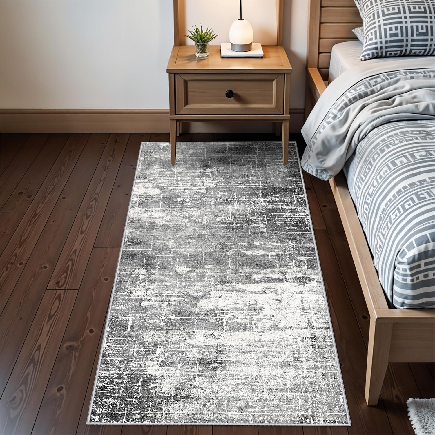 Skiennix Abstract Kitchen Runner Rug - Washable Non-Slip Design | 2x6 Black/Grey Low Pile Carpet for Modern Home Decor