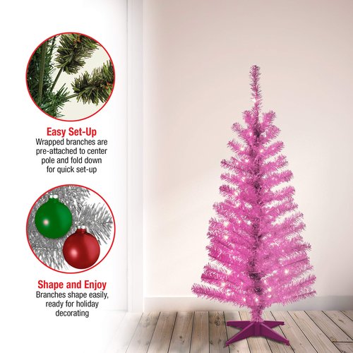 National Tree Company Pre-Lit Artificial Christmas Tree, Pink Tinsel, White Lights, Includes Stand, 4 feet
