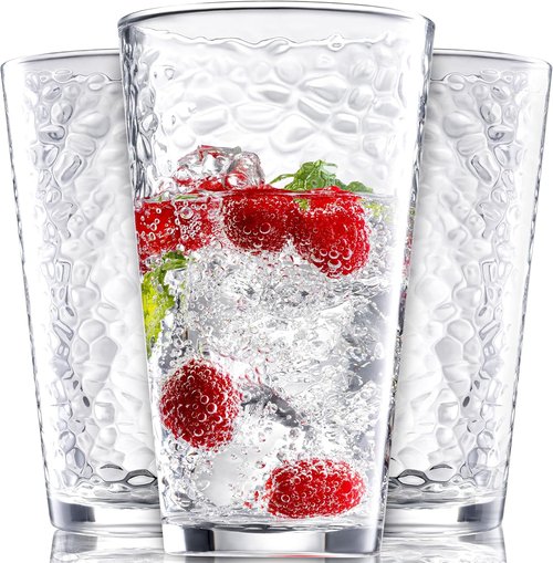 Hammered Glass Cups Set of 10 - 16oz Dishwasher Safe Cocktail & Drinking Glasses | Clear Heavy Base