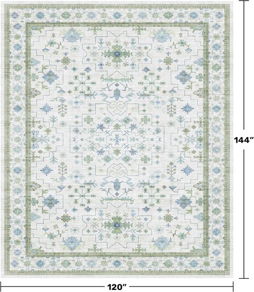Hazo Haus Washable Rugs - Extra Large 10x12 Cream Blue & Green Floral Geometric Area Rug | Non-Slip Low Pile for Living Room & Dining Room