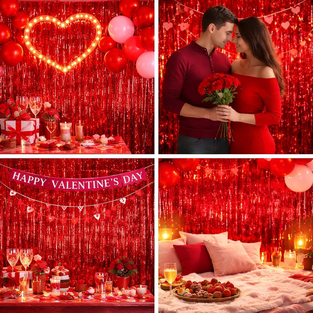 Red Foil Fringe Curtain - Shiny Tinsel Backdrop for Birthday Parties | 3 Pack, 3.2 x 8.2 ft