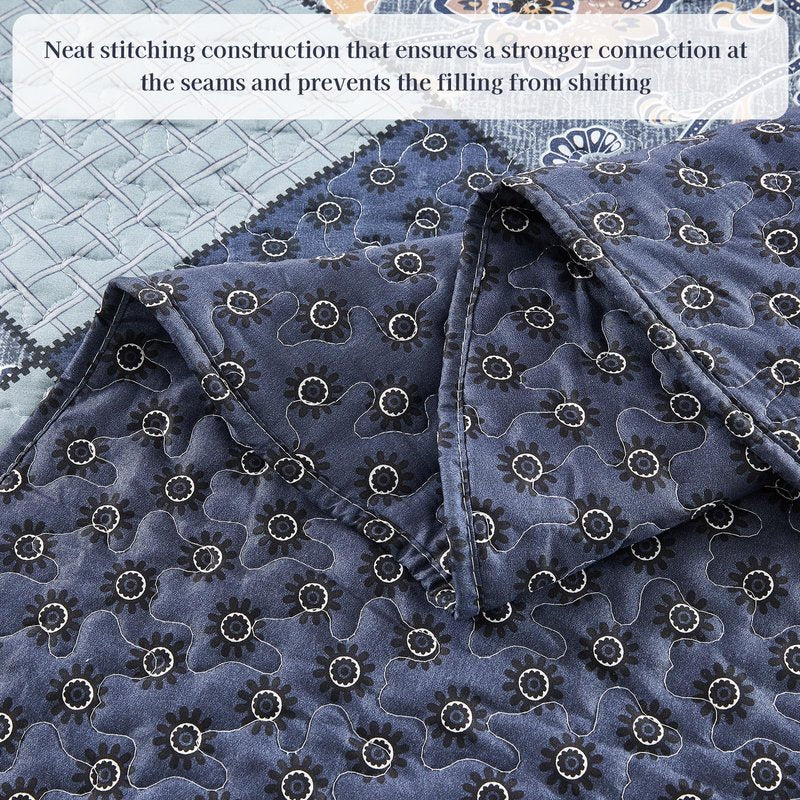 ENJOHOS Alaska King Quilts 132x120, 3 Pcs Blue Plaid Floral Oversized King Quilt, Extra Wide Patchwork Bedspread Coverlet Set for All Seasons, Reversible Bedding Set