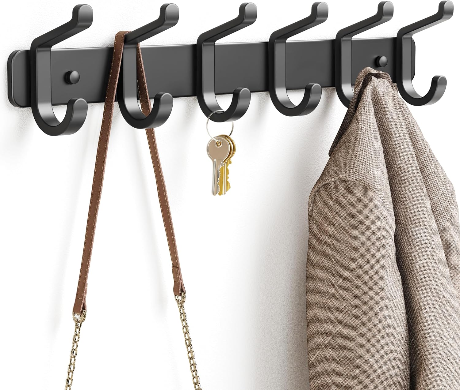 Pickpiff Coat Rack - Heavy-Duty Wall Mounted Metal Hanger with 6 Hooks for Hats, Clothes, and More | Black, 1 Pack