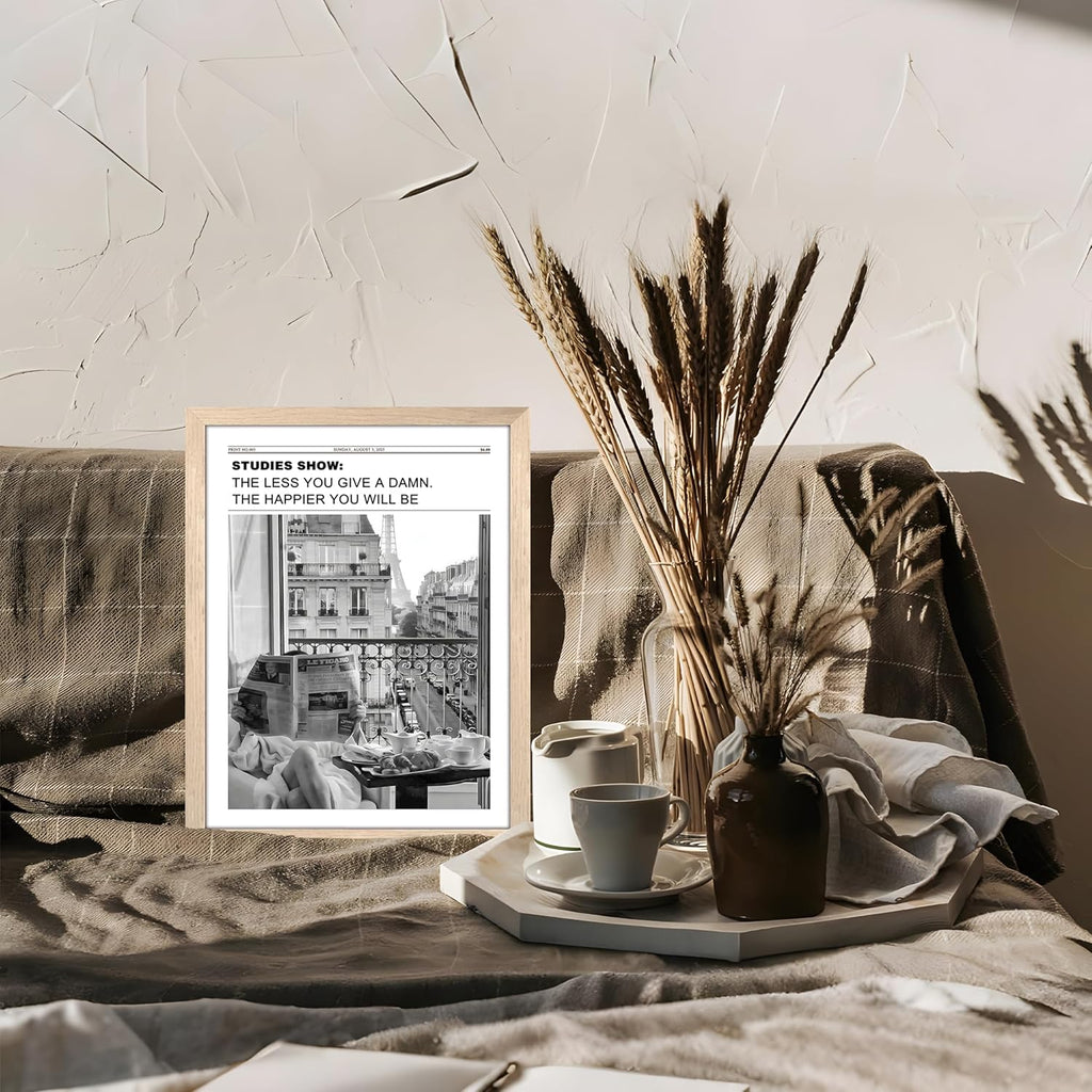 Vintage Black and White Newspaper Wall Art - Positive Headline Canvas Print for Bedroom & Bathroom | 8x10 Inch Light Wood Frame