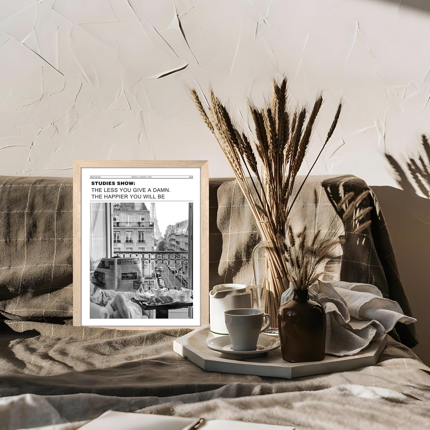 Vintage Black and White Newspaper Wall Art - Positive Headline Canvas Print for Bedroom & Bathroom | 8x10 Inch Light Wood Frame