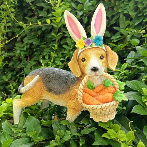 Cynkeyee Dog Garden Statue - Adorable Beagle with Bunny Ears & Carrot Basket | 11.5"x4"x10.5" Indoor/Outdoor Decor