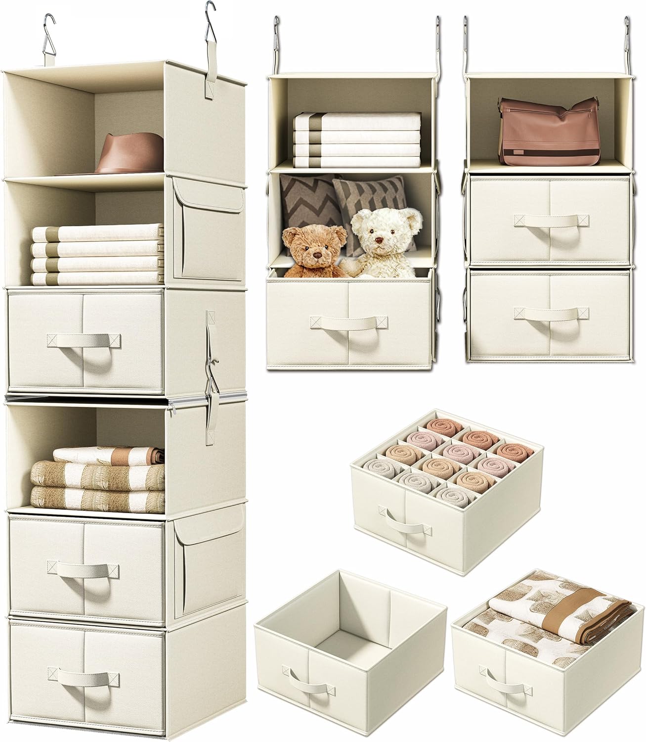 Vailando 6-Shelf Closet Organizer - Versatile Hanging Storage with 3 Drawers | Beige Wardrobe Solution