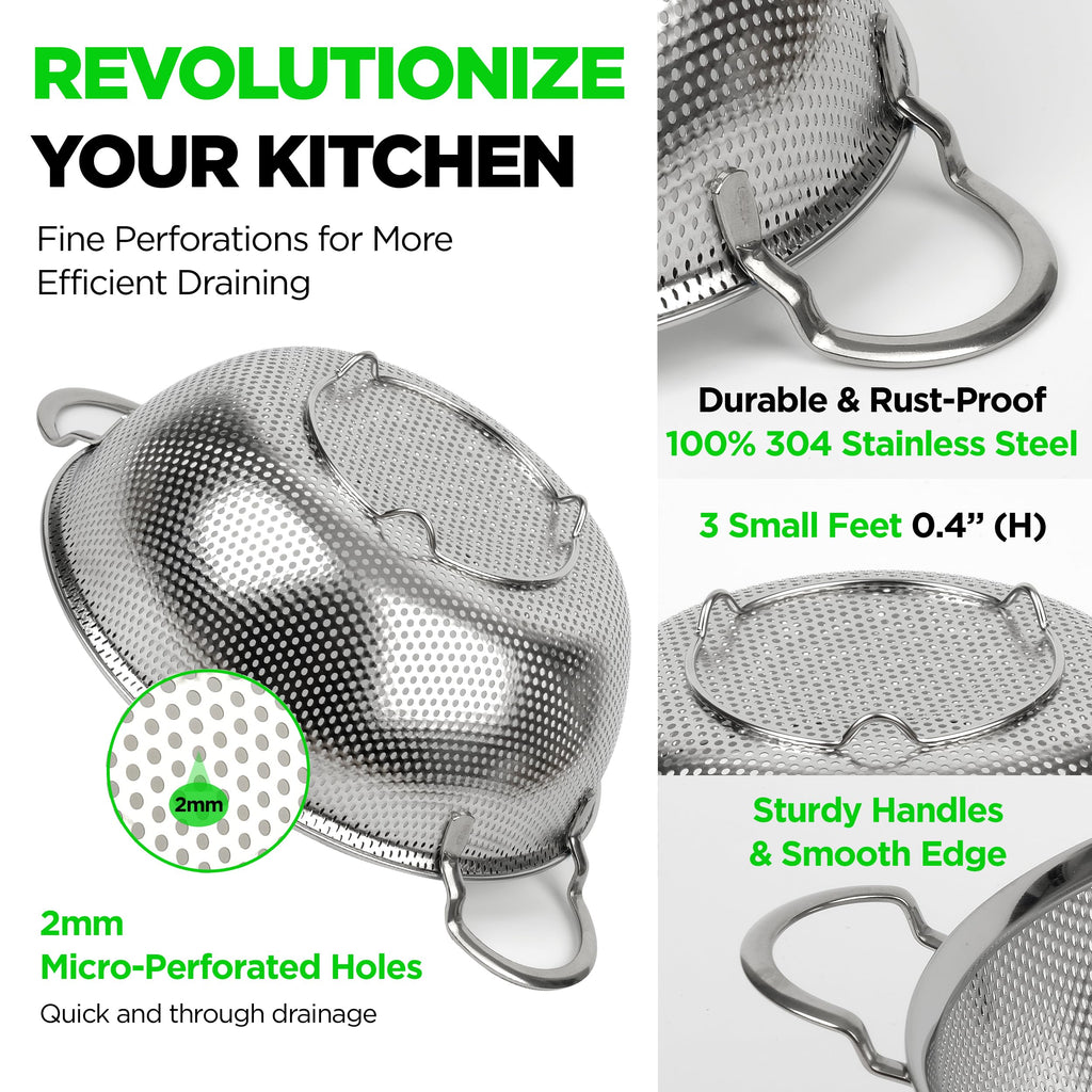 COMPORT K Premium 18/8 304 Stainless Steel Set of 3 – Micro-Perforated Strainers with Handles, Self-Draining Base for Pasta Vegetables Fruit, Heavy Duty (4, 6, 8 Qt) Made in Korea