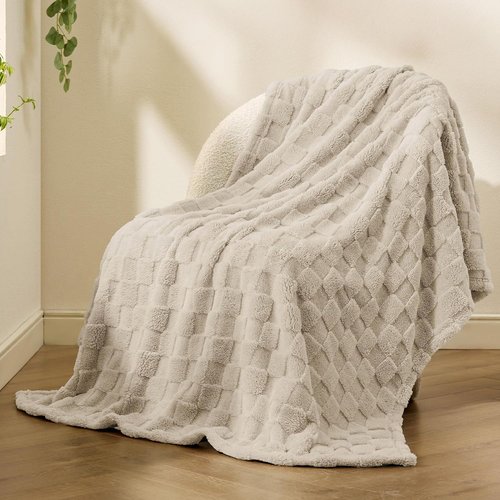 Bedsure GentleSoft Throw Blanket - Cozy Checkered Fleece for Couch & Bedroom Decor | Beige, 50x60 Inches