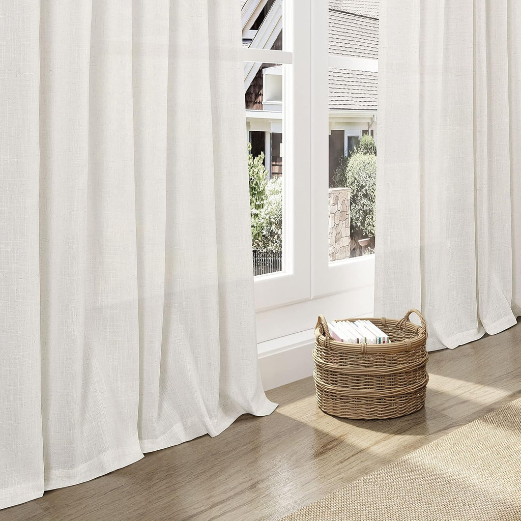 Skiennix Cream Linen Back Tab Curtains - 84 Inch Length | Semi-Sheer 2 Panel Set in Natural Ivory for Modern Farmhouse Decor