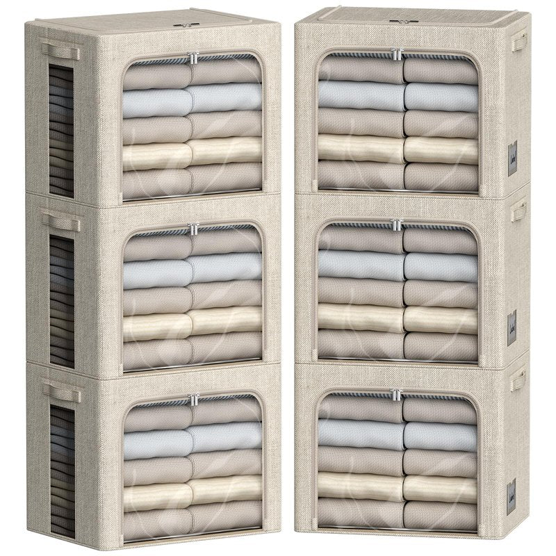 FHSQX 6 Pack Clothes Storage Bins with Metal Frame Foldable Storage Bins for Clothes Linen Fabric Storage Box with Clear Window (Beige, 15.7x11.8x11.8inch(36L))