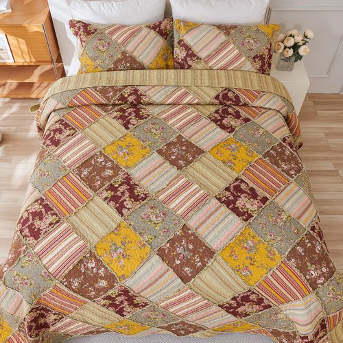 Cmfshape Floral Quilt Sets Bedspread Set 100% Cotton Patchwork Bedding Set, All Season Use Lightweight Reversible Coverlet Quilts with 2 Pillow Shams(King 106"x96")