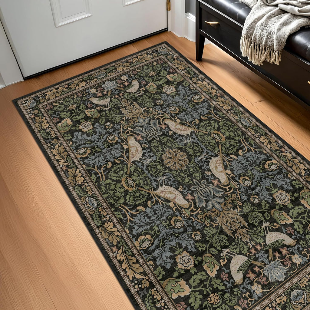 Skiennix Large Entryway Rugs - 3x5 Washable Indoor Mat with Moody Woodland Flowers | Non-Slip, Stain Resistant