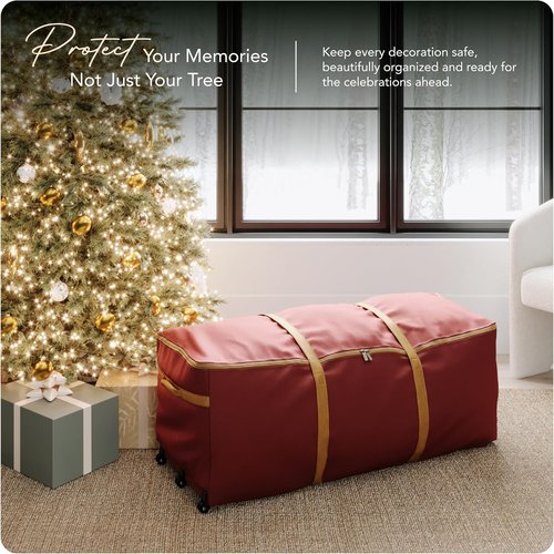 Covermates Keepsakes Christmas Tree Storage Bag - Heavy-Duty Rolling Design with Wheels & Reinforced Handles - Durable Red Holiday Solution