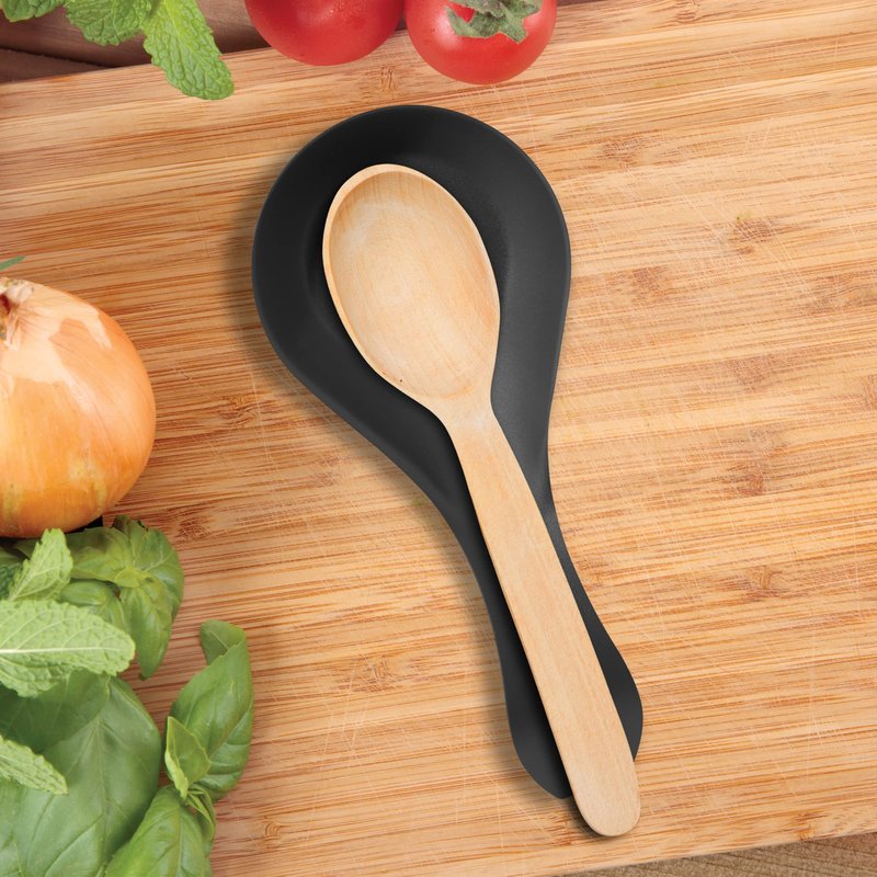 OGGI Stainless Steel Spoon Rest- Long Handle Holds Kitchen Utensils in Place, Great Spoon Rest for Counter, Stove Top, or Coffee Station; Kitchen Accessories, Utensil Rest, Black