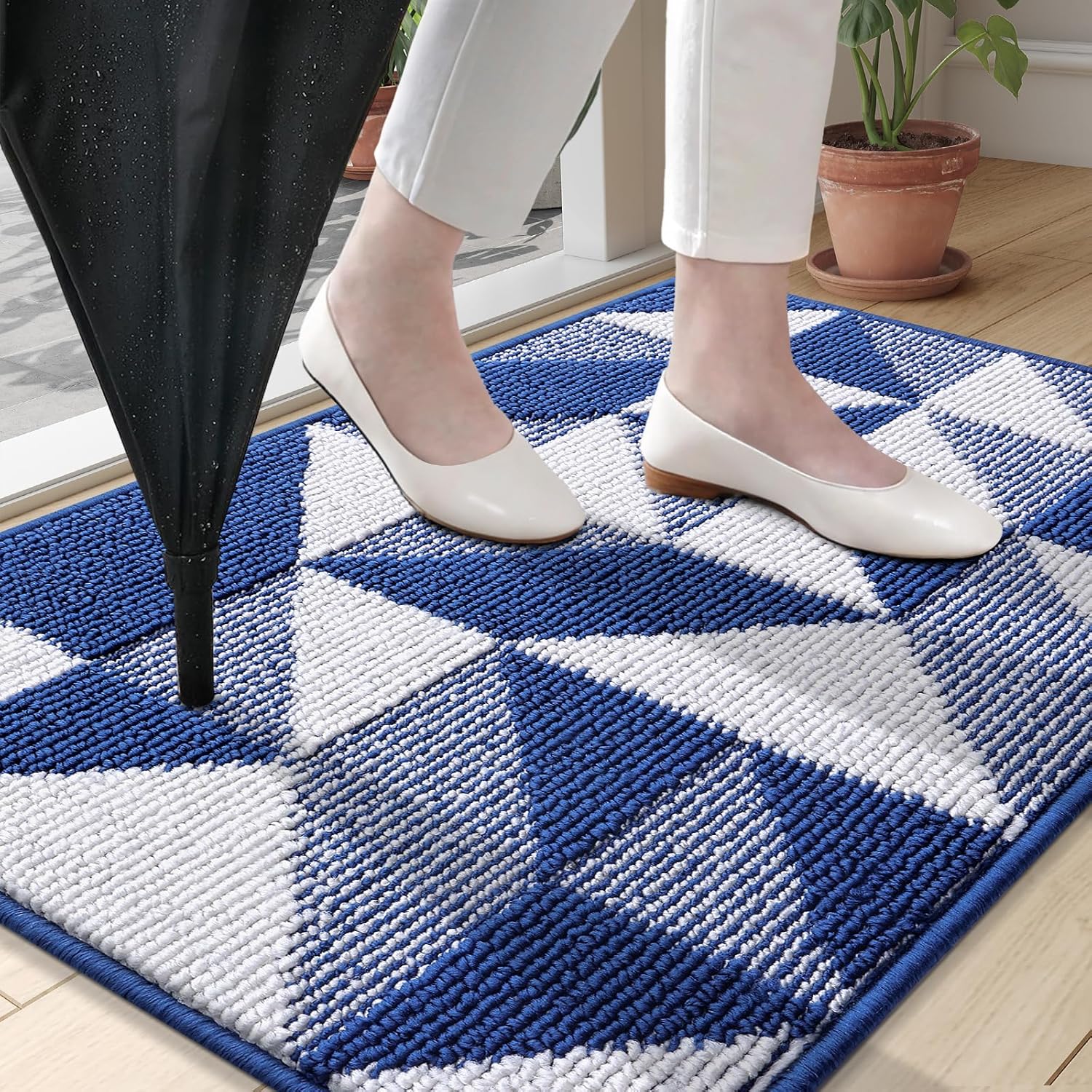 OLANLY Indoor Door Mat - Washable, Odor-Free Geometric Doormat | Absorbent 32x20 Entry Carpet in Navy