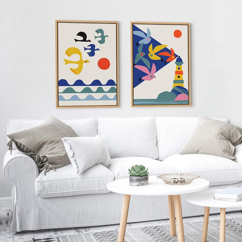 Kate and Laurel Sylvie Lighthouse Birds Framed Canvas Wall Art by Rachel Lee of My Dream Wall, 18x24 Natural, Colorful West Coast Art
