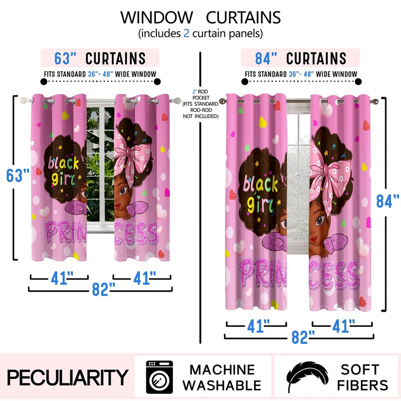 Jiospet African Girl Curtains Black Girl Curtains Room Decor Blackout Window Drapes Pink Princess Drapes for Girls Bedroom 2 Panel Sets, 82''×63''