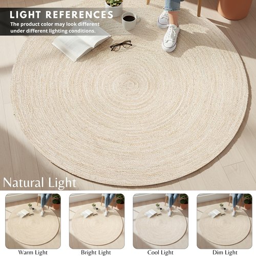 Hausattire Hand Woven Jute Braided Rug, 4’ Round – Off White, Reversible Boho Entry Area Rugs for Kitchen, Living Room, Nursery I Farmhouse Decorative Floor Rug, 4 Feet Round