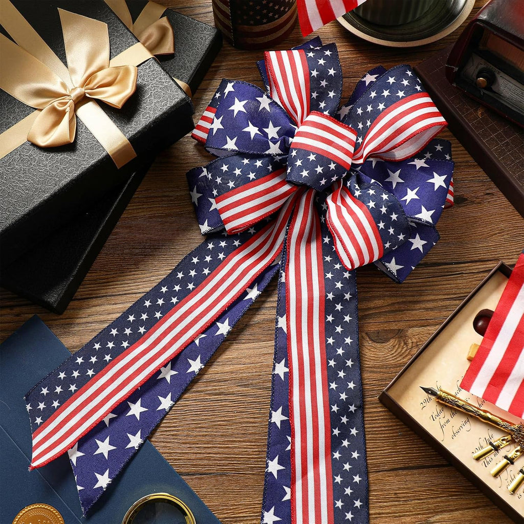 Riceshoot Patriotic Bows - 4th of July USA Red, White & Blue Star Burlap Tree Topper | 2 Pcs for Indoor/Outdoor Decor