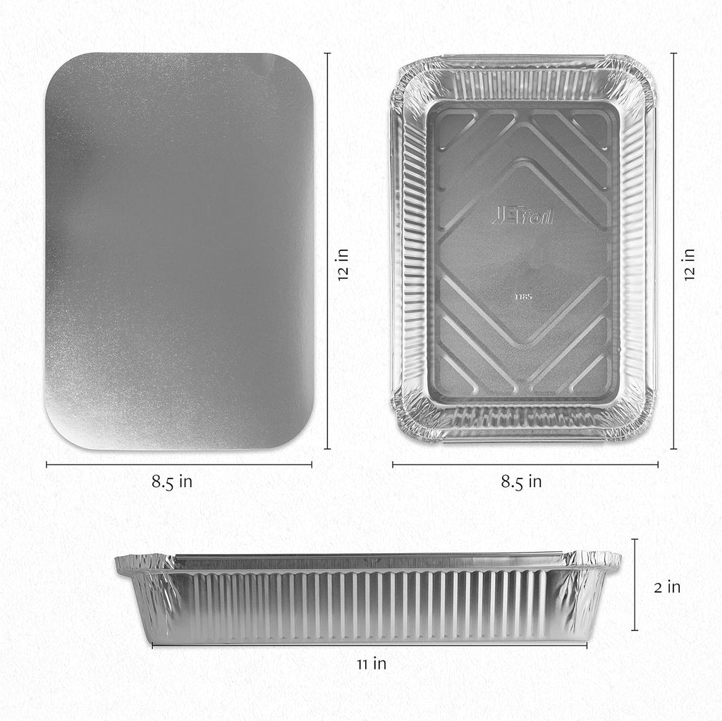 PLASTICPRO Disposable Aluminum Baking Pans - 4 LB Oblong Foil Containers with Cardboard Lids | 12'' x 8'' x 2'' - Ideal for Brownies, Bread, or Lunchboxes, Pack of 5