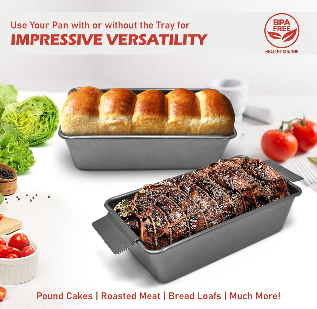 PERLLI Nonstick Meat Loaf Pan with Drip Tray - 9.8 x 5.7 In. High-Carbon Steel, BPA-Free, Perfect for Baking & Roasting