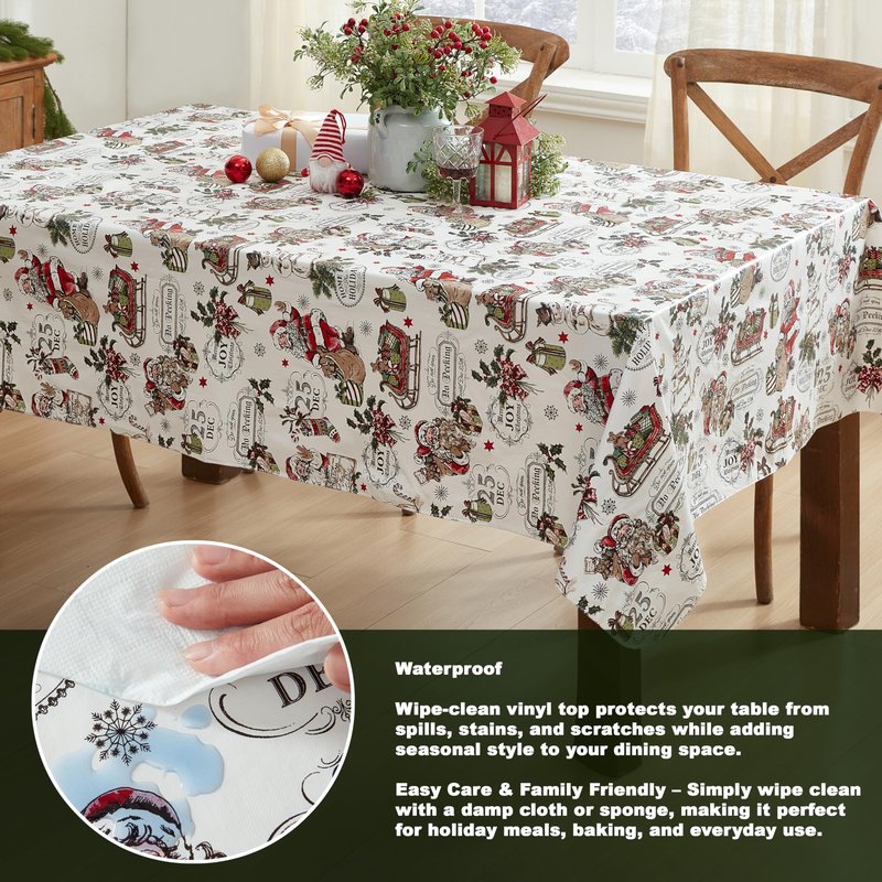 Newbridge Vintage Nostalgia Christmas 60 x 102 Inch Rectangle Vinyl Tablecloth with Flannel Backing – Retro Santa Claus, Snowman & Sleigh Holiday Print Easy-Care Wipe Clean Table Cover
