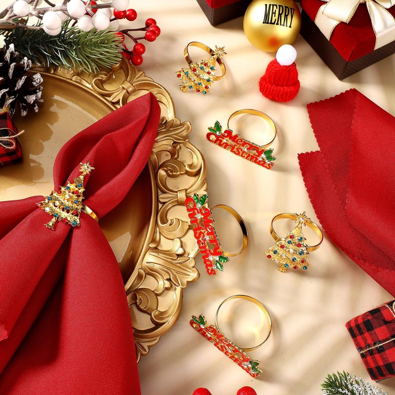 Sliner 24 Pcs Christmas Napkins and Ring Set 12 Pcs Red Washable Christmas Napkins Cloth and 12 Pcs Xmas Napkin Rings Holder for Holiday Dinner Party(Metal,Letter, Christmas tree)