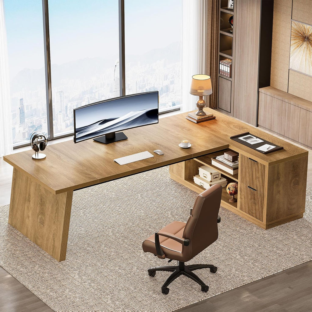 Tribesigns L Shaped Desk - Modern Executive Office Furniture with Drawers & File Cabinet | 78" Brown
