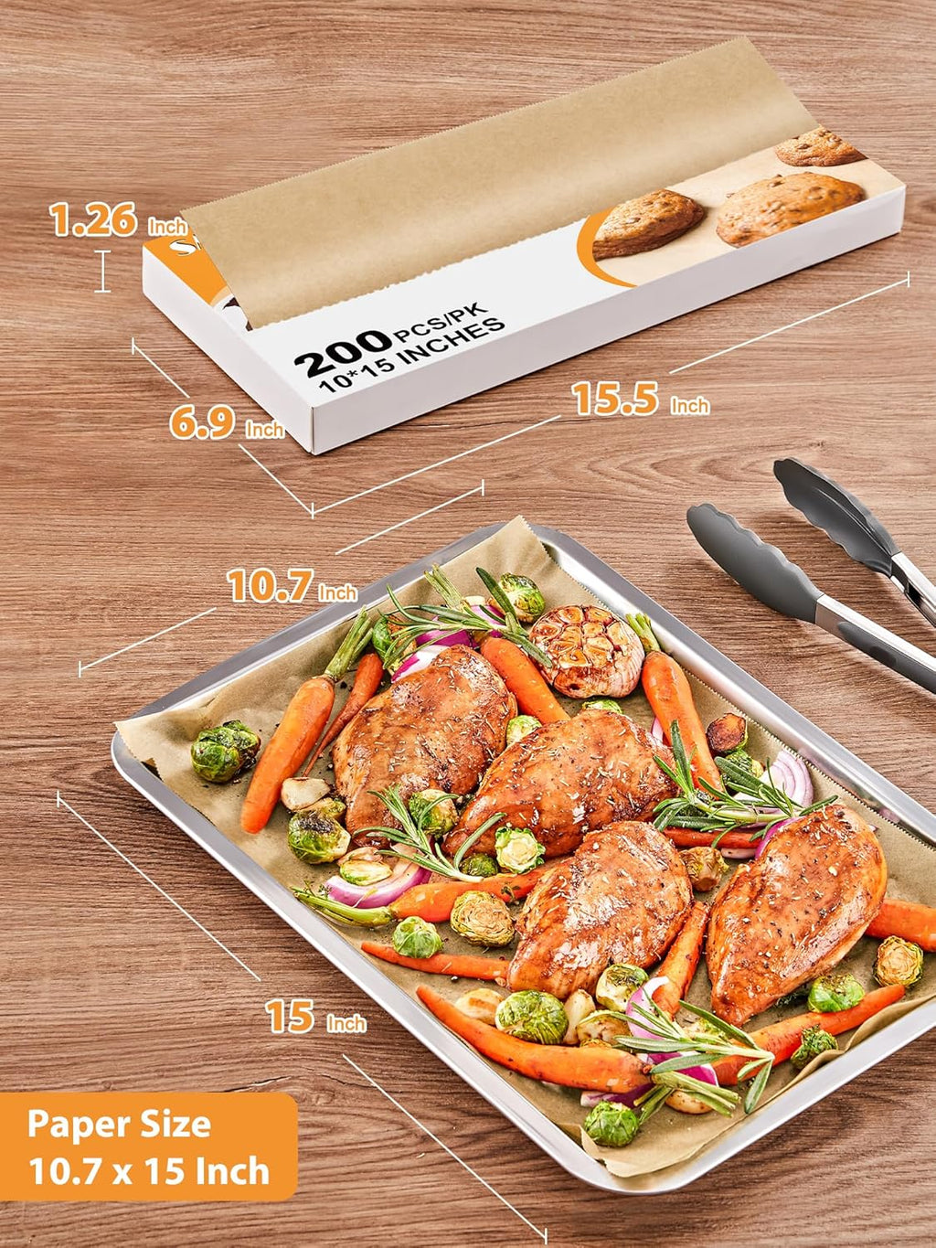 SMARTAKE Parchment Paper Sheets - 200 Pcs Non-Stick Baking Paper, 10.7x15 Inch, Unbleached & Greaseproof