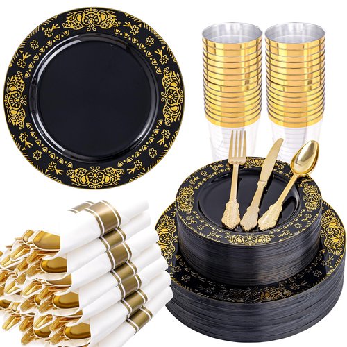 GATHER 350PCS Black and Gold Plastic Plates - Gold Disposable Dinnerware Set Include 50 Dinner Plates, 50 Dessert Plates, 150 Gold Plastic Silverware, 50 Napkins, 50 Cups for Wedding & Party