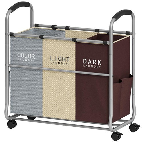 Tajsoon 3 Bag Laundry Cart, Laundry Hamper Sorter with Heavy Duty Lockable Wheels, Laundry Basket Organizer with Removable Bags, Laundry Separator Hamper for Clothes Storage, Gray+Beige+Red