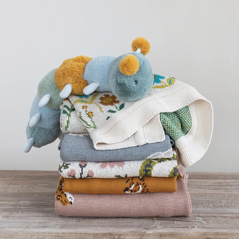 Creative Co-Op Cotton Knit Baby Blanket with Dinosaurs, 40" L x 32" W