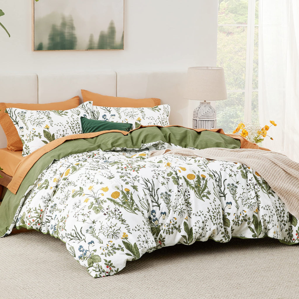 Bedsure Duvet Cover King Size - 100% Cotton Reversible Floral King Duvet Cover Set with Zipper Closure, 3 Pieces Soft & Breathable Green Bedding Set with 2 Pillow Shams 20"x36"
