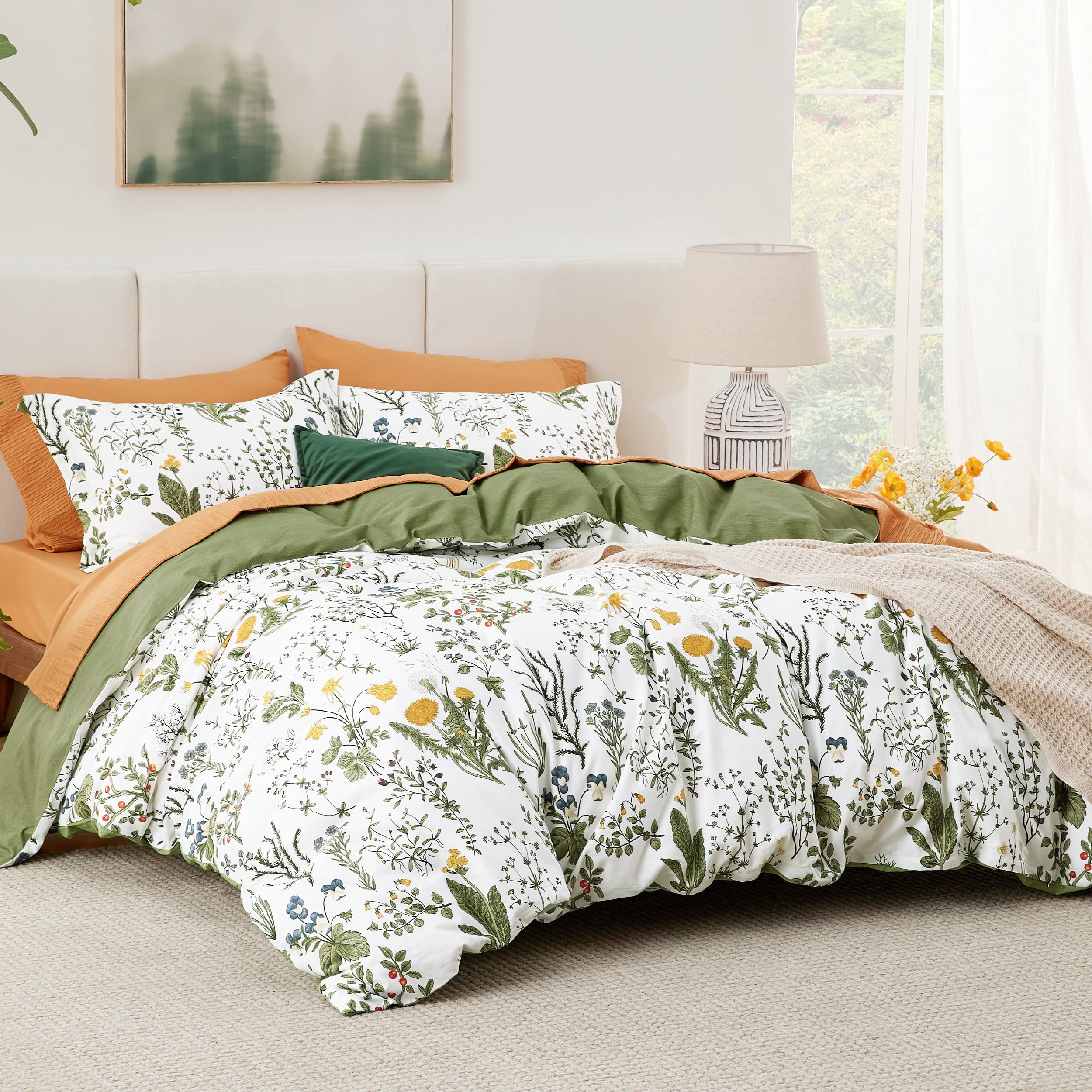 Bedsure Duvet Cover King Size - 100% Cotton Reversible Floral King Duvet Cover Set with Zipper Closure, 3 Pieces Soft & Breathable Green Bedding Set with 2 Pillow Shams 20"x36"