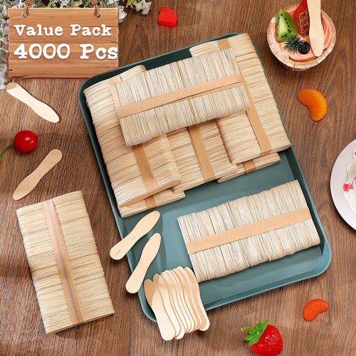 Skylety 4000 Pcs Wooden Ice Cream Spoon Bulk Mini Disposable Tasting Spoons Set Wooden Small Sample Ice Cream Sticks for Dessert Sampling Crafts, 3 Inches