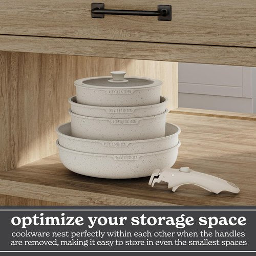 Country Kitchen Cookware Set - Removable Handle, Oven & RV Safe Pots and Pans, Cream Color