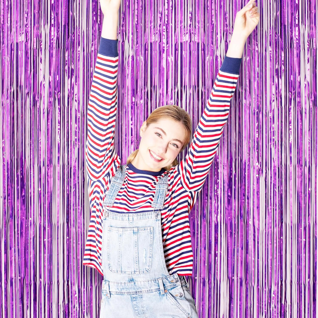Voircoloria Laser Purple Foil Fringe Backdrop Curtains - 3 Pack 3.3 x 8.2 ft Tinsel Streamers for Parties