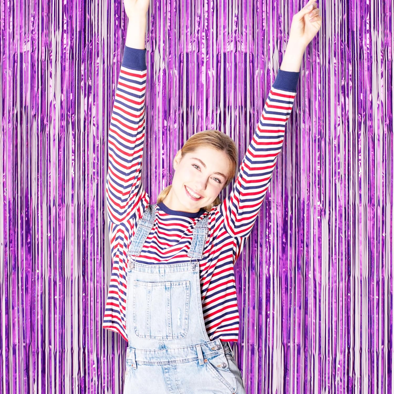 Voircoloria Laser Purple Foil Fringe Backdrop Curtains - 3 Pack 3.3 x 8.2 ft Tinsel Streamers for Parties