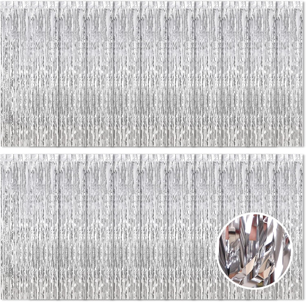 Skiennix Silver Foil Curtain Backdrop - 20 Pack Metallic Tinsel Fringe 3.2ft x 8.2ft for Parties & Photo Booths