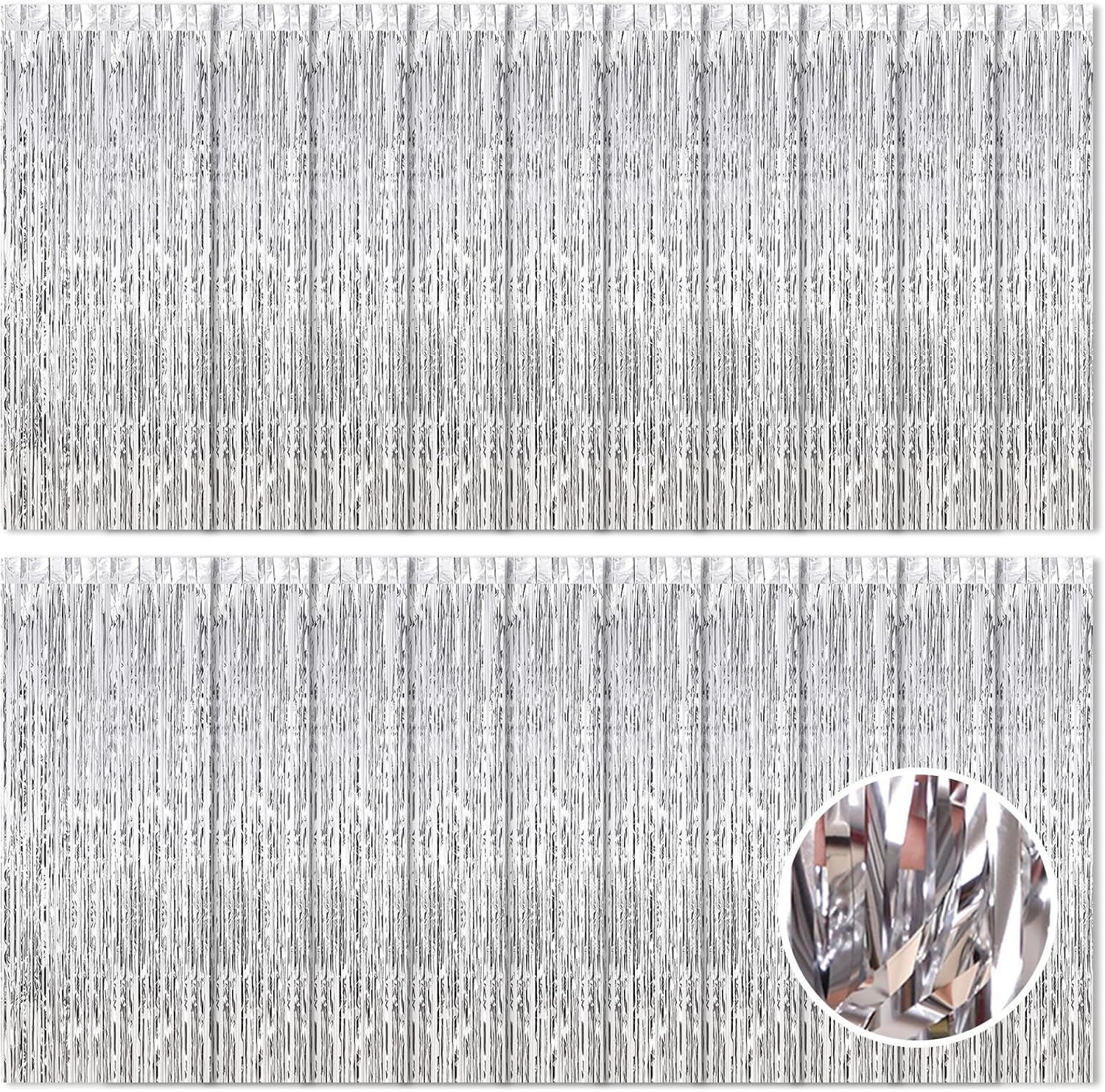 Skiennix Silver Foil Curtain Backdrop - 20 Pack Metallic Tinsel Fringe 3.2ft x 8.2ft for Parties & Photo Booths