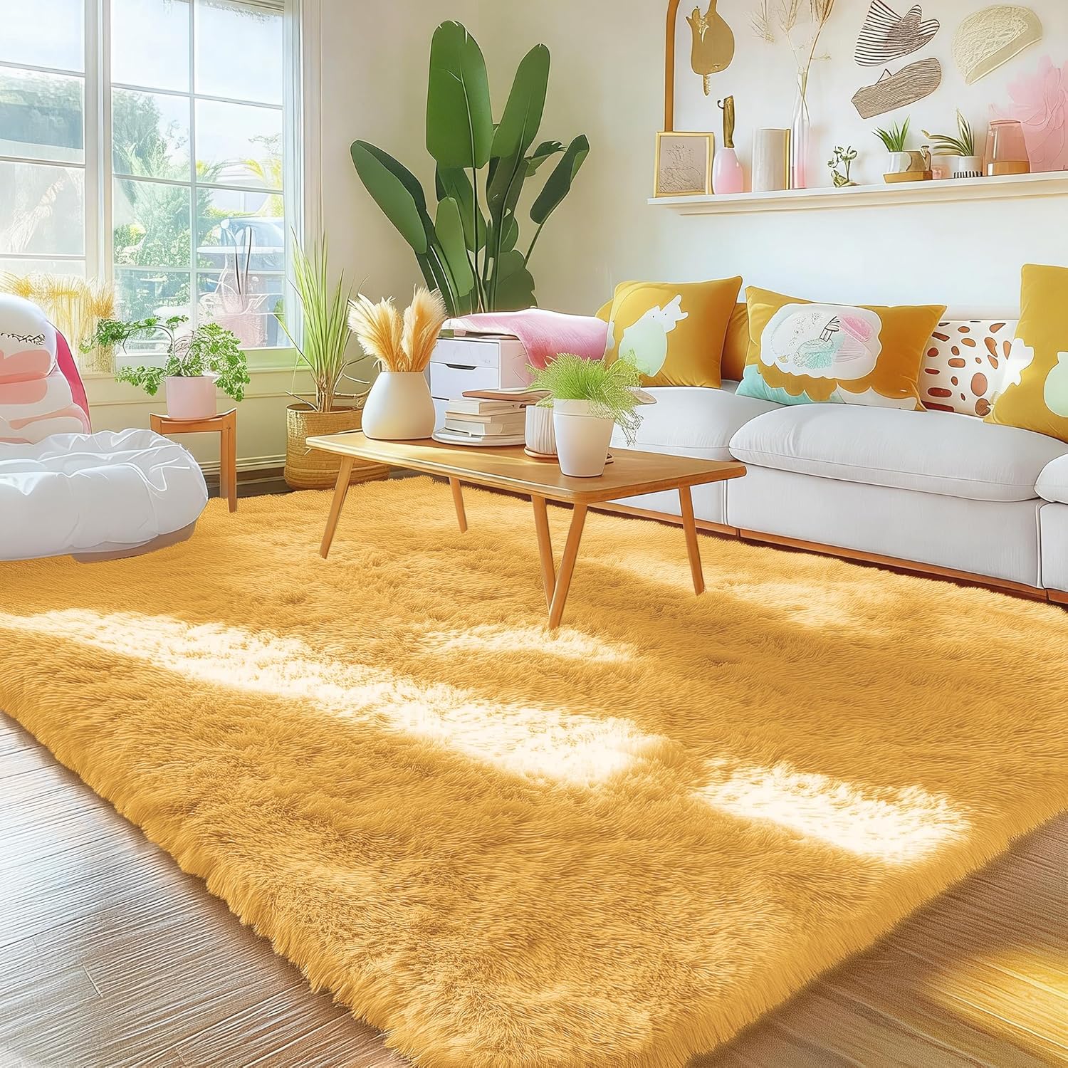 OLANLY Area Rug - Soft Fluffy Shaggy Carpet for Living Room & Bedroom | Machine Washable 4x5.9 ft in Mustard Yellow