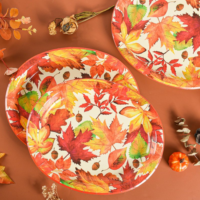 Elyxio 50 Pcs Thanksgiving Leaves Oval Paper Plates Fall Disposable Party Plates Autumn Dinner 10" X 12" Dinner Serving Dish Platters for Harvest Give Thanks Party Tableware Supplies