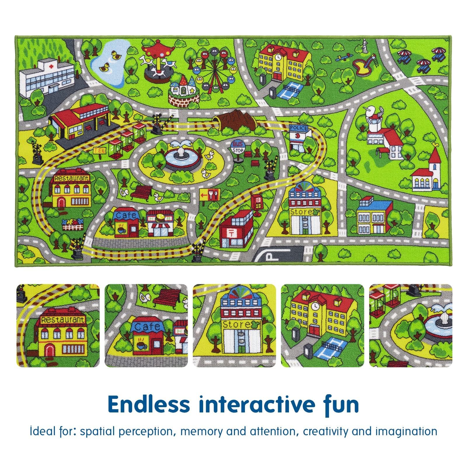 Booooom Jackson Kids' Train & City Rug - Non-Slip, Washable, Race Car Track Play Mat for Boys & Girls