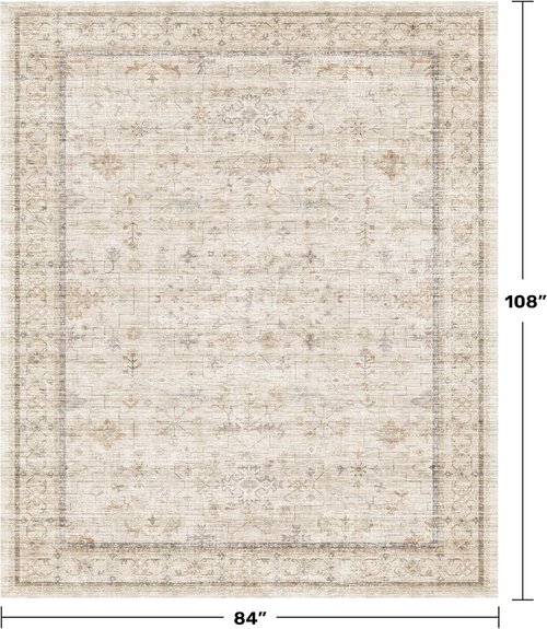 Beige Floral Washable Area Rug - 7x9 Non-Slip Living Room & Dining Room Carpet | Modern Farmhouse Décor