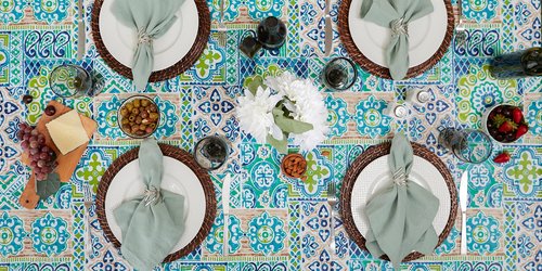 DII Spanish Tile Print Collection, Flannel Backed Tablecloth, 60 x 84, Multi Color